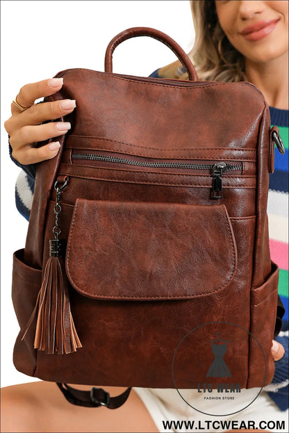 Dark brown tassel decor retro pu large capacity backpack - dark brown / one size / 95% pu + 5% alloy - backpacks