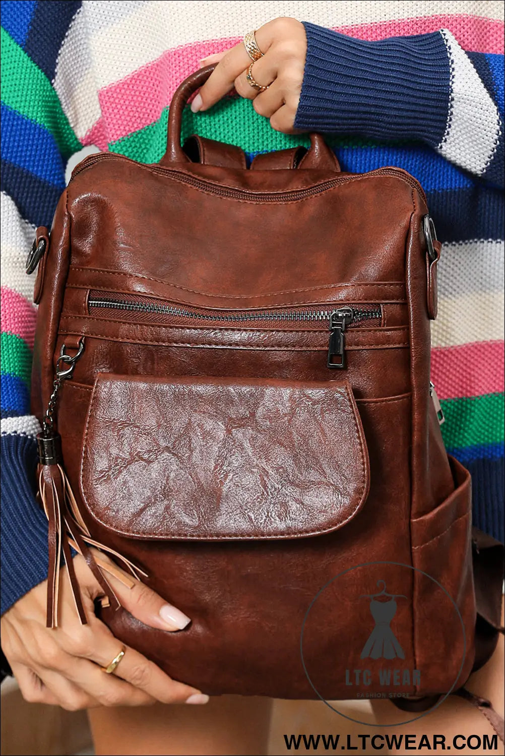 Dark brown tassel decor retro pu large capacity backpack - dark brown / one size / 95% pu + 5% alloy - backpacks