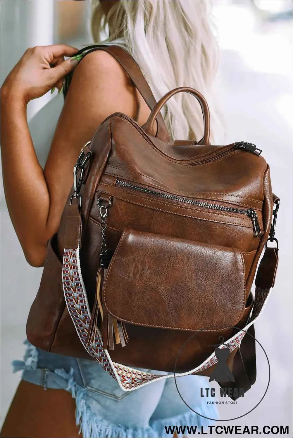Dark Brown Tassel Decor Retro PU Large Capacity Backpack