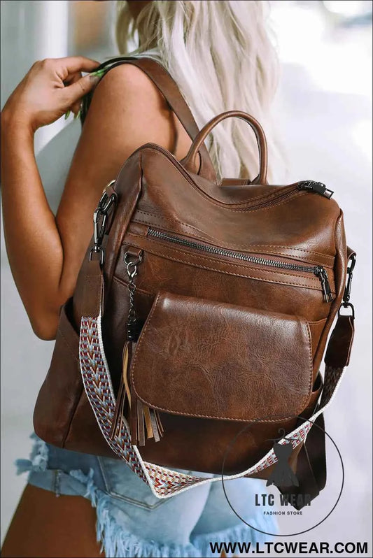 Dark Brown Tassel Decor Retro PU Large Capacity Backpack