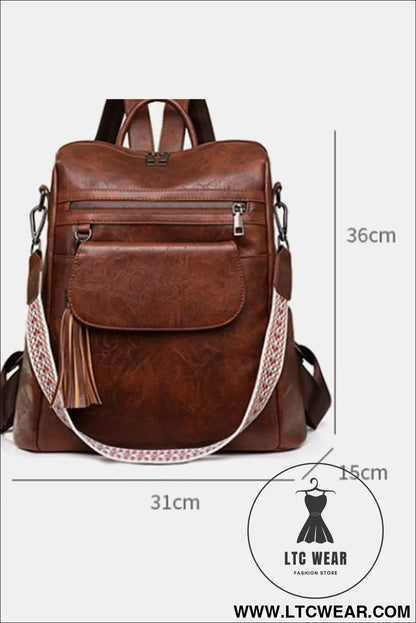 Dark Brown Tassel Decor Retro PU Large Capacity Backpack - L.T.C Wear Online Fashion Store
