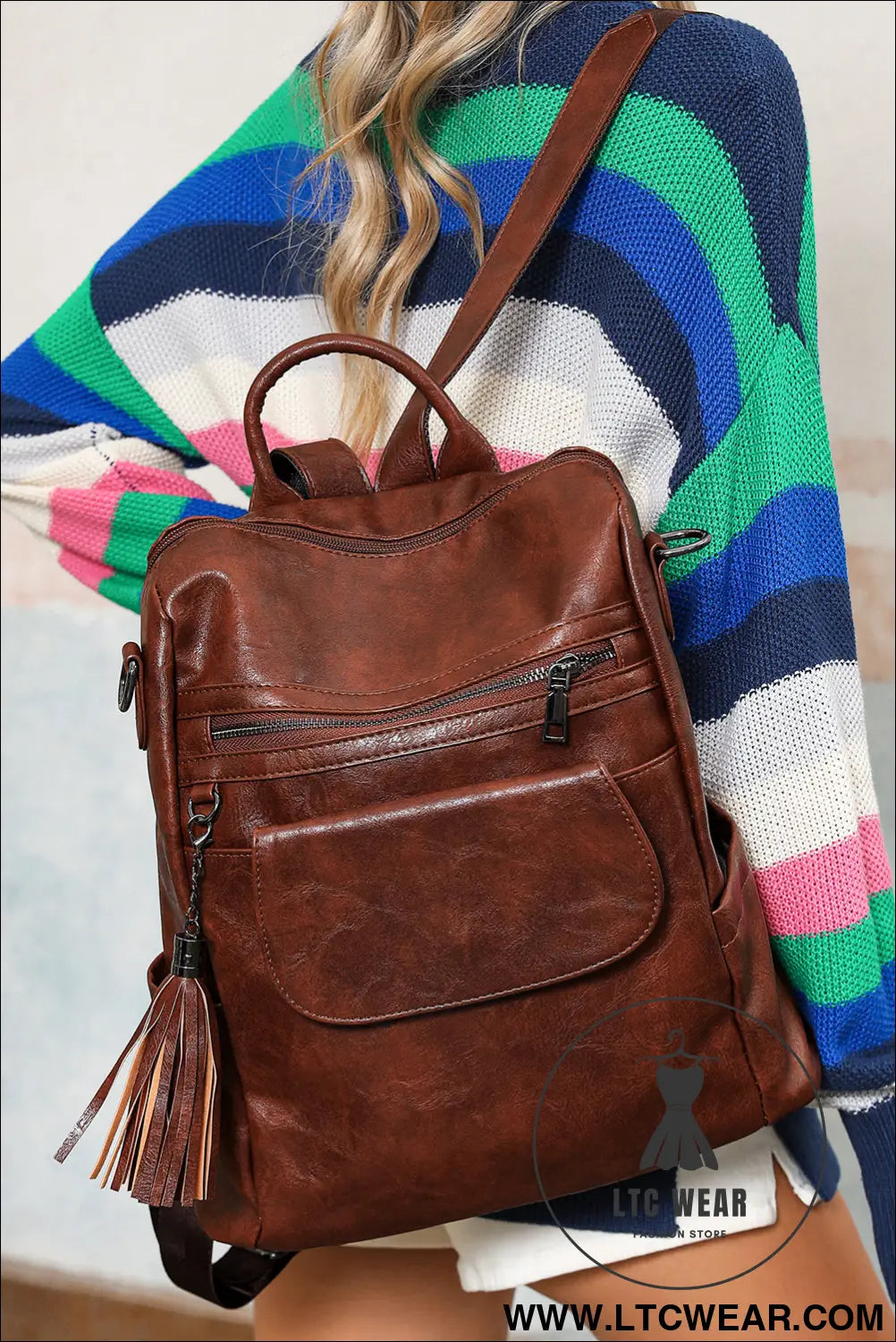 Dark brown tassel decor retro pu large capacity backpack - dark brown / one size / 95% pu + 5% alloy - backpacks