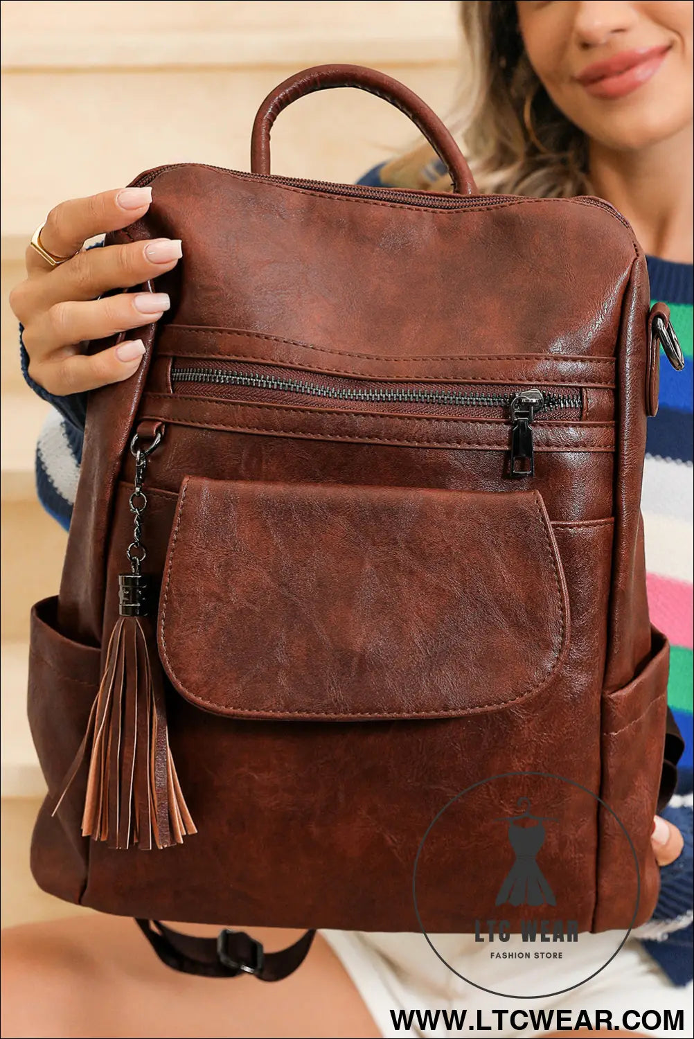Dark brown tassel decor retro pu large capacity backpack - dark brown / one size / 95% pu + 5% alloy - backpacks