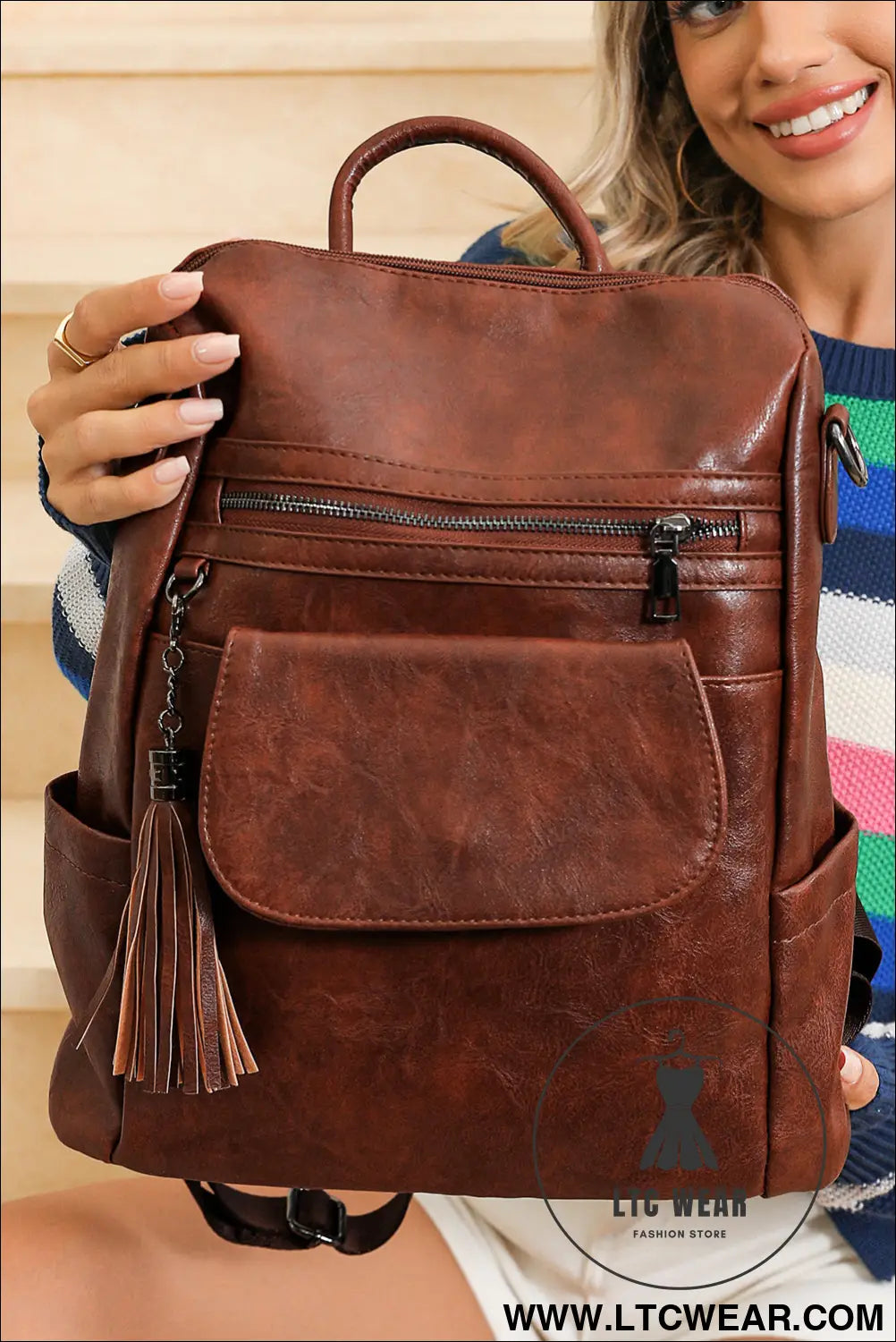 Dark brown tassel decor retro pu large capacity backpack - dark brown / one size / 95% pu + 5% alloy - backpacks