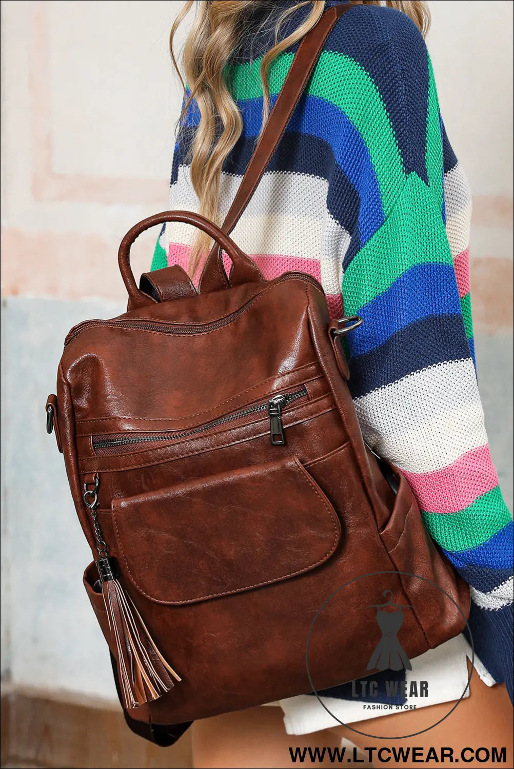 Dark brown tassel decor retro pu large capacity backpack - dark brown / one size / 95% pu + 5% alloy - backpacks