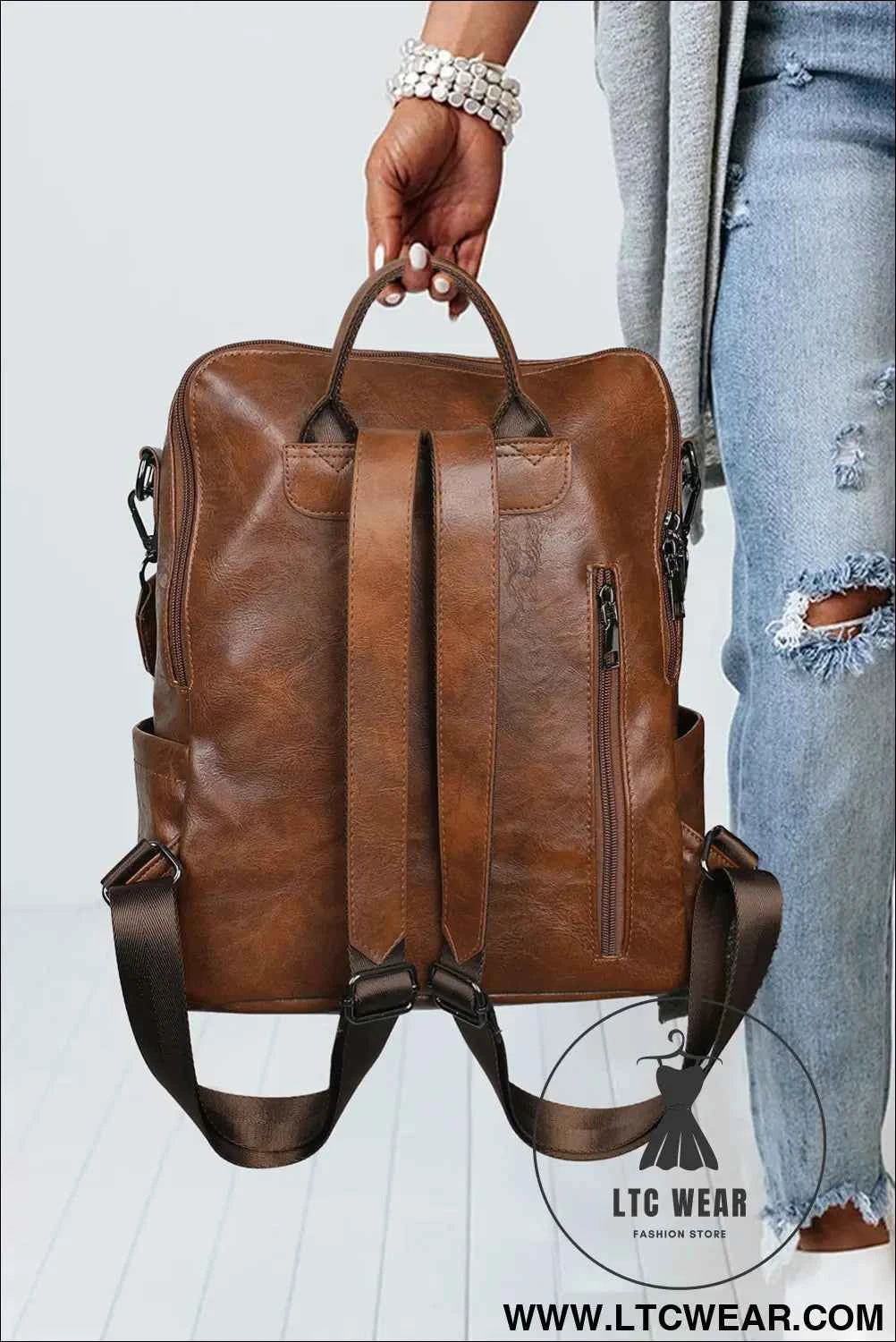 Dark Brown Tassel Decor Retro PU Large Capacity Backpack