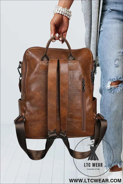 Dark Brown Tassel Decor Retro PU Large Capacity Backpack