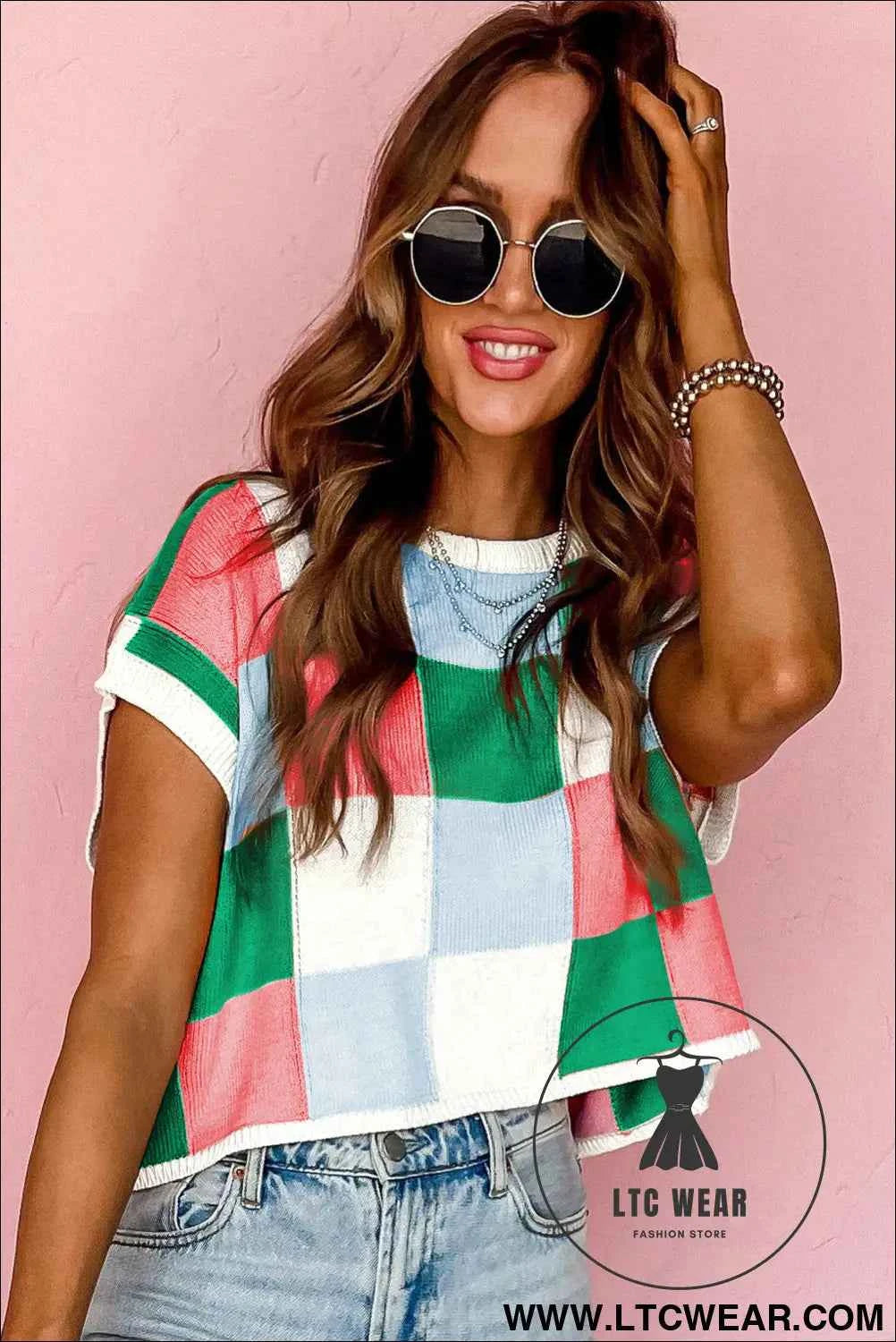 Dark Green Color Block Cap Sleeve Sweater