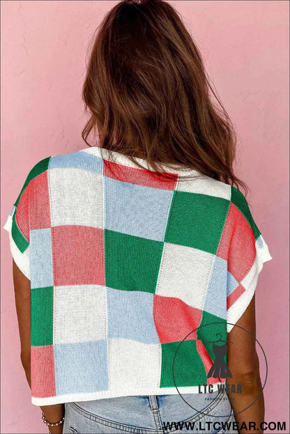 Dark Green Color Block Cap Sleeve Sweater