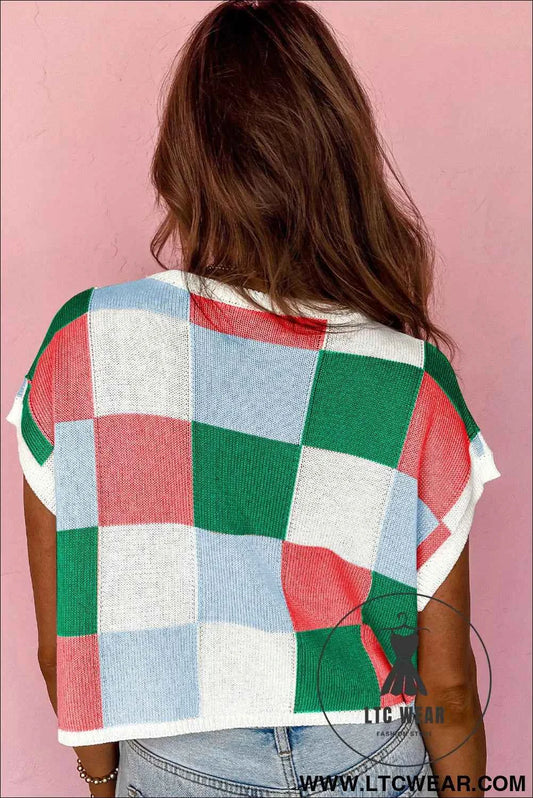 Dark Green Color Block Cap Sleeve Sweater
