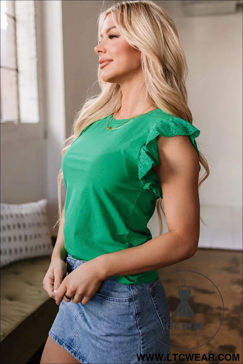 Dark Green Embroidered Ruffled Sleeve Slim Fit Crew Neck Top - L.T.C Wear Online Fashion Store