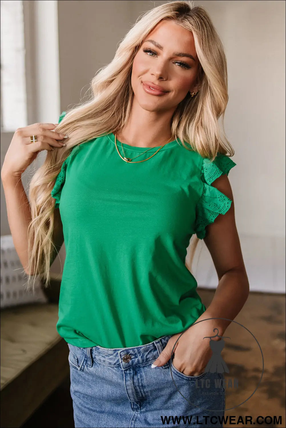 Dark Green Embroidered Ruffled Sleeve Slim Fit Crew Neck Top - L.T.C Wear Online Fashion Store