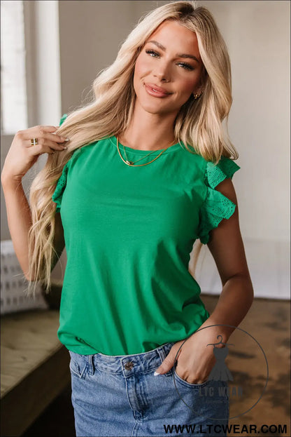 Dark Green Embroidered Ruffled Sleeve Slim Fit Crew Neck Top - L.T.C Wear Online Fashion Store
