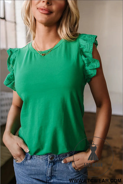 Dark Green Embroidered Ruffled Sleeve Slim Fit Crew Neck Top - L.T.C Wear Online Fashion Store