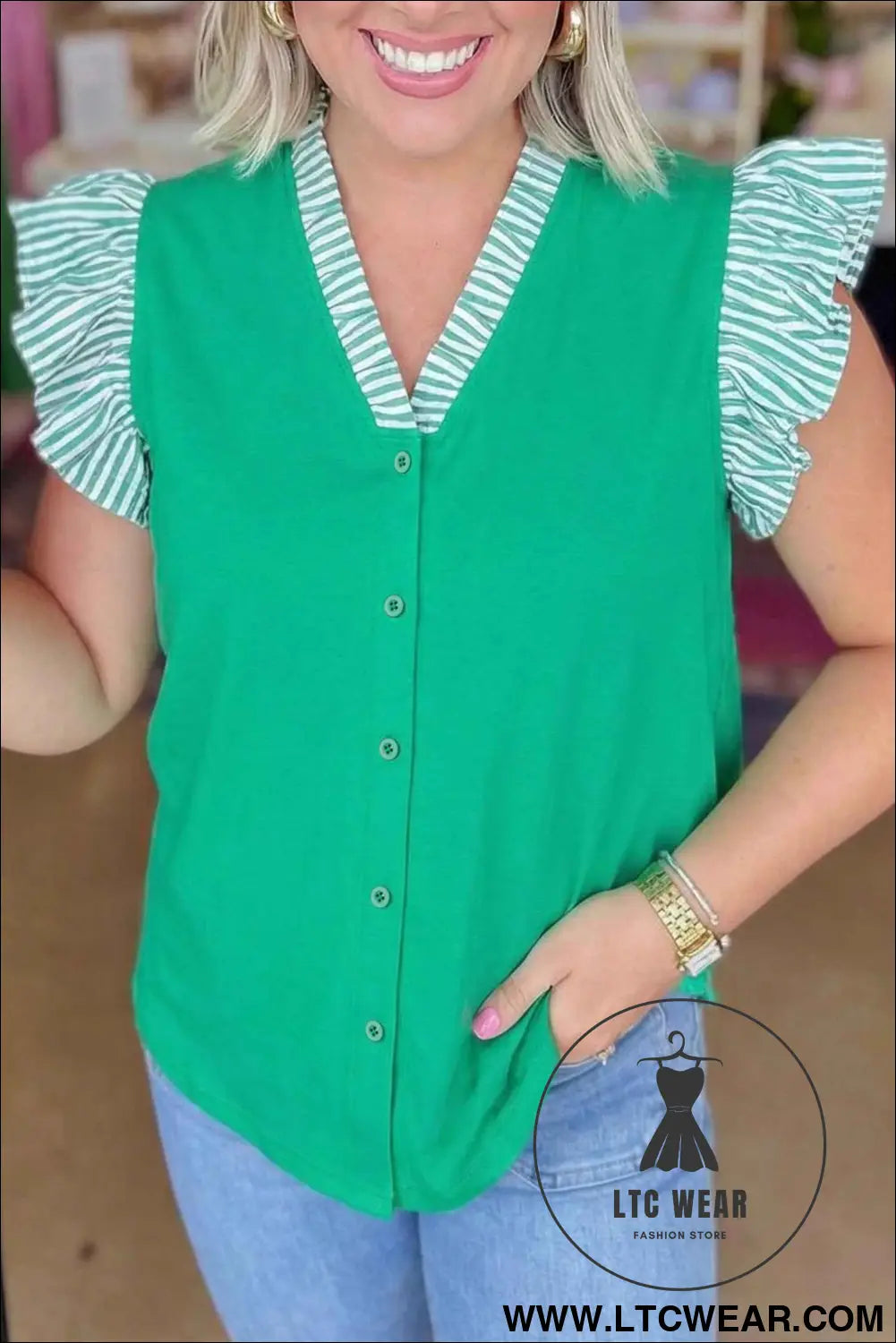 Dark Green Plus Size Button Front Ruffled Stripe Trim V Neck Flutter Sleeve Blouse