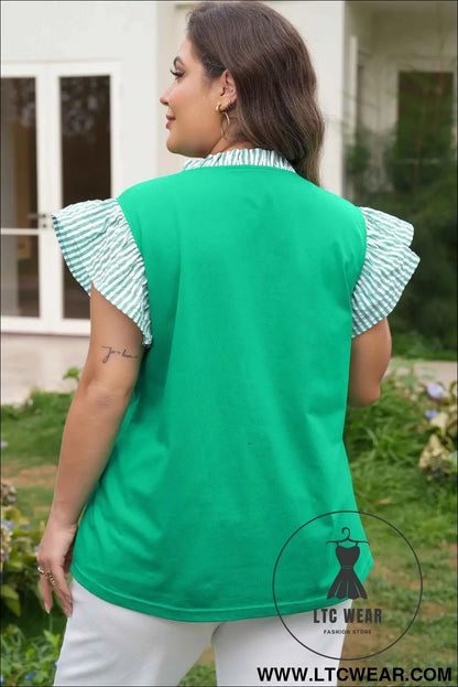 Dark Green Plus Size Button Front Ruffled Stripe Trim V Neck Flutter Sleeve Blouse