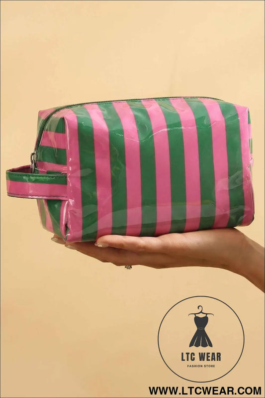 Dark Green PVC Striped Cosmetic Bag Durable Zipper Handle Travel Organizer