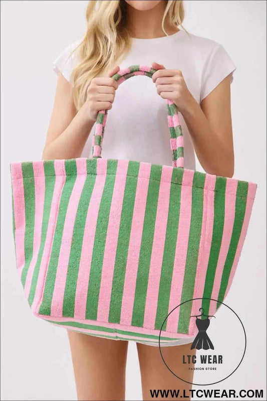 Dark Green Striped Terry Large Beach Tote Bag