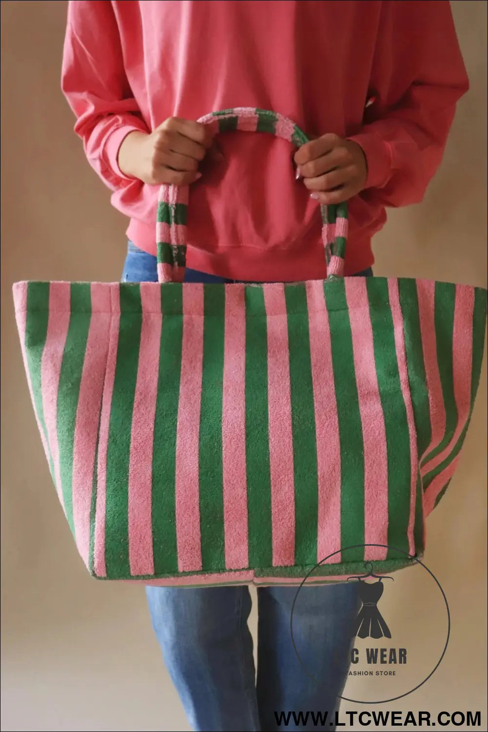Dark Green Striped Terry Large Beach Tote Bag - L.T.C Wear Online Fashion Store