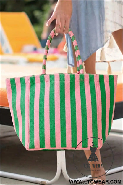 Dark Green Striped Terry Large Beach Tote Bag - L.T.C Wear Online Fashion Store