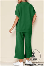 Dark green stylish textured loose fit t shirt and drawstring pants set - pant sets