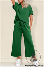 Dark green stylish textured loose fit t shirt and drawstring pants set - dark green / 2xl / 97% polyester + 3% elastane