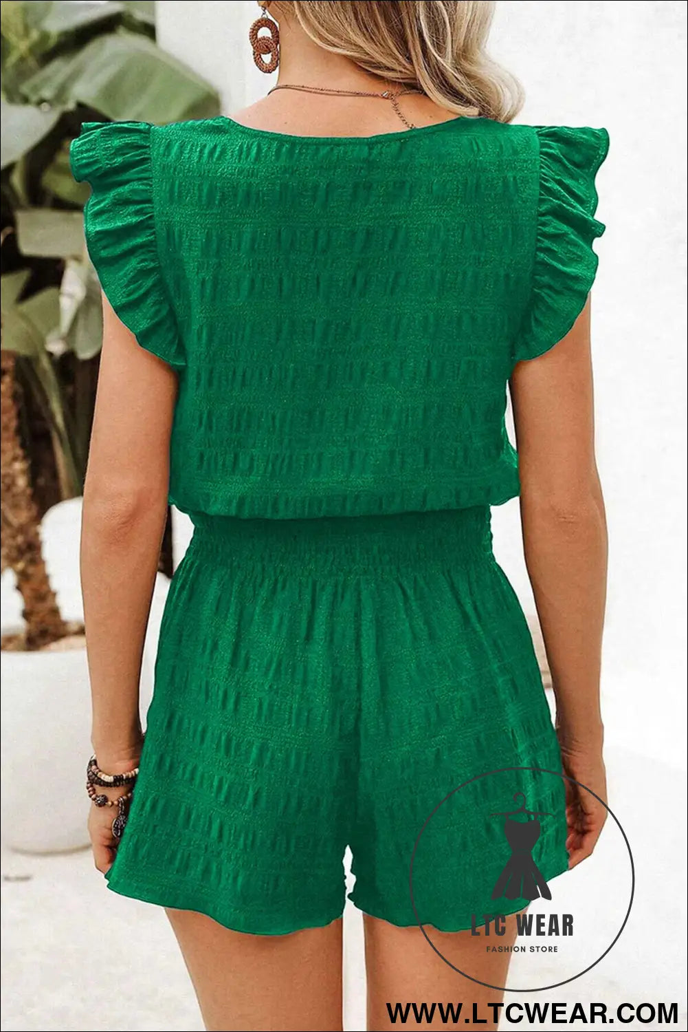 Dark Green Textured Square Neck Top and Shirred High Waist Shorts Set