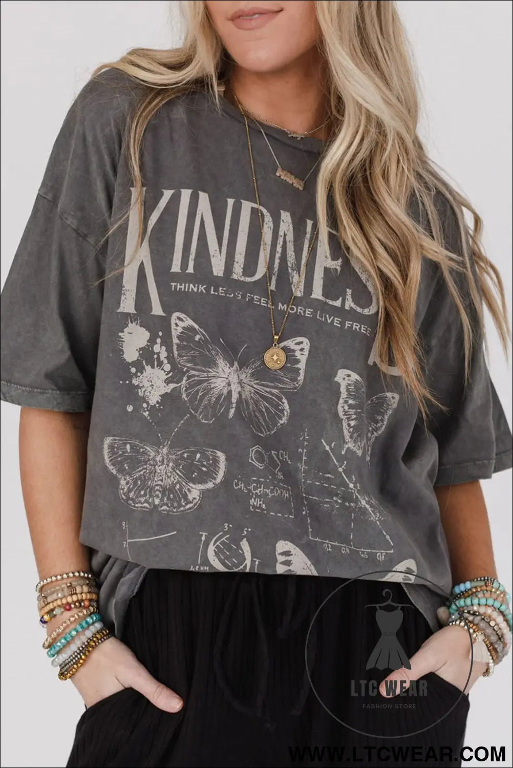 Dark grey kindness butterflies graphic mineral wash loose tee - dark grey / l / 100% cotton - tops & tees