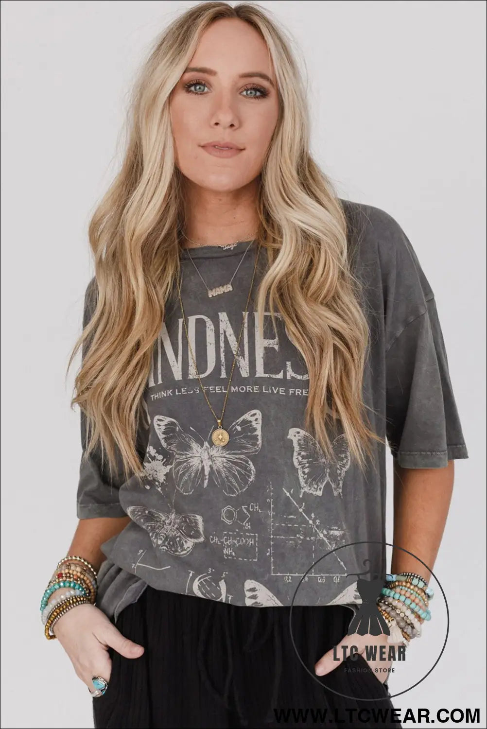 Dark grey kindness butterflies graphic mineral wash loose tee - tops & tees