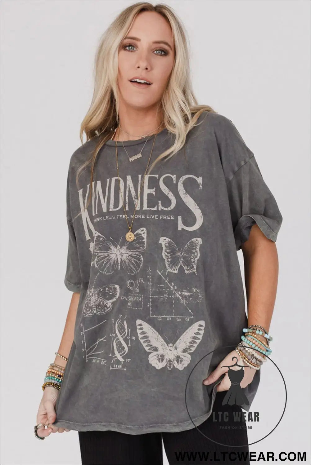 Dark grey kindness butterflies graphic mineral wash loose tee - tops & tees