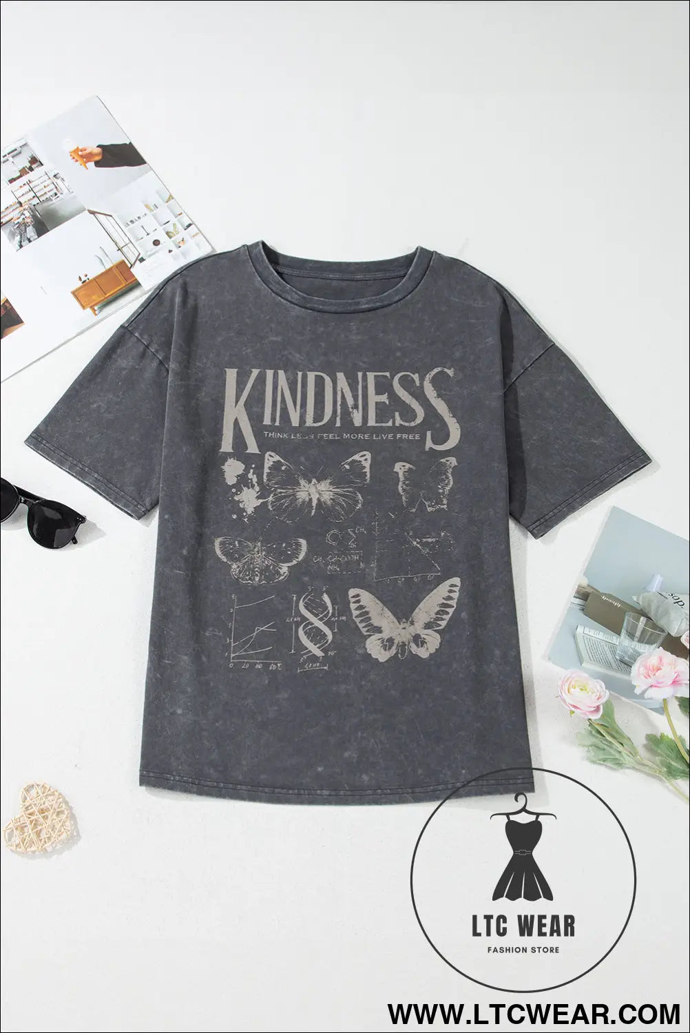 Dark grey kindness butterflies graphic mineral wash loose tee - tops & tees
