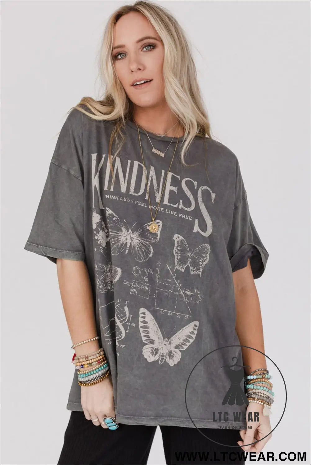 Dark grey kindness butterflies graphic mineral wash loose tee - tops & tees
