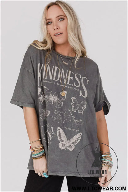 Dark grey kindness butterflies graphic mineral wash loose tee - tops & tees