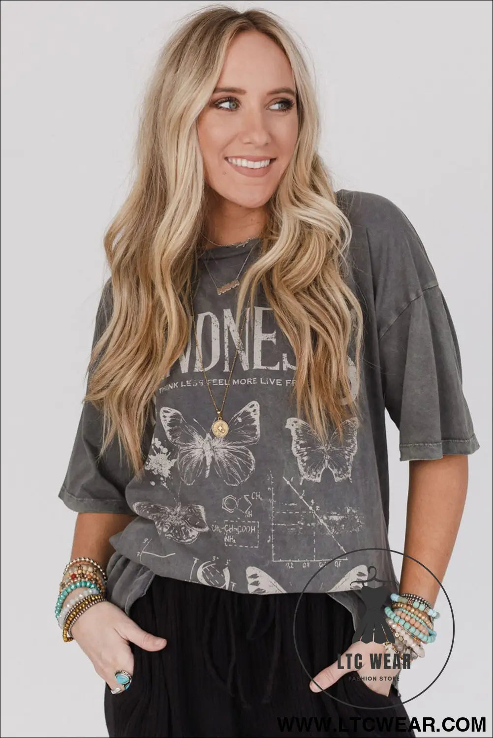 Dark grey kindness butterflies graphic mineral wash loose tee - tops & tees