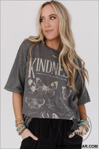 Dark grey kindness butterflies graphic mineral wash loose tee - tops & tees