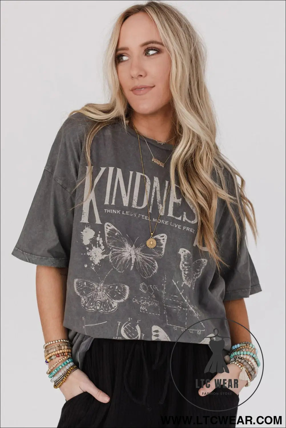Dark grey kindness butterflies graphic mineral wash loose tee - tops & tees