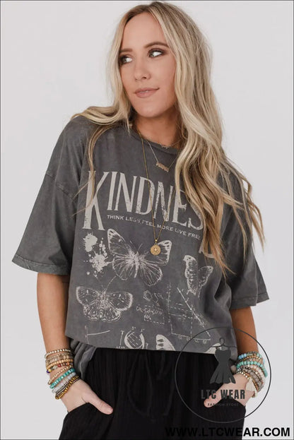 Dark grey kindness butterflies graphic mineral wash loose tee - tops & tees