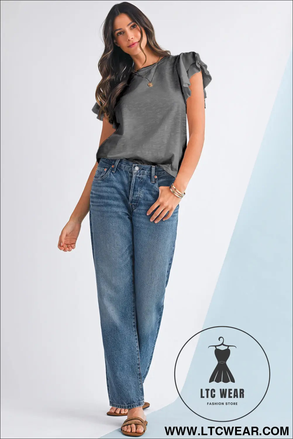 Dark Grey Ruffle Sleeve Plain Blouse - L.T.C Wear Online Fashion Store