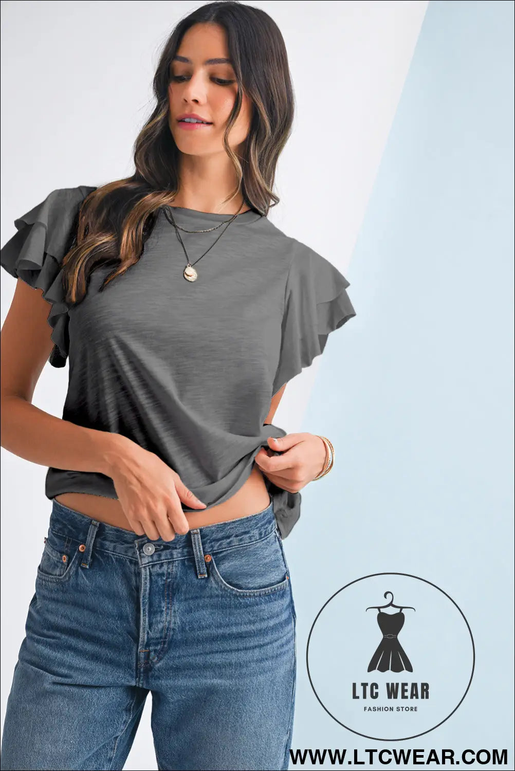 Dark Grey Ruffle Sleeve Plain Blouse - L.T.C Wear Online Fashion Store