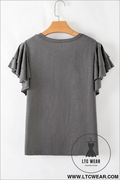 Dark Grey Ruffle Sleeve Plain Blouse - L.T.C Wear Online Fashion Store
