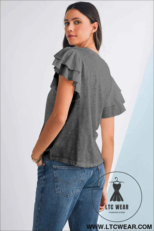 Dark Grey Ruffle Sleeve Plain Blouse