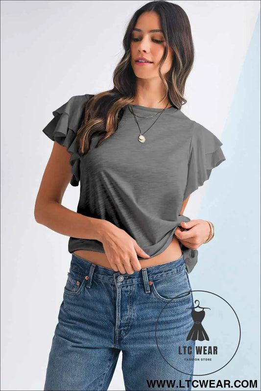 Dark Grey Ruffle Sleeve Plain Blouse