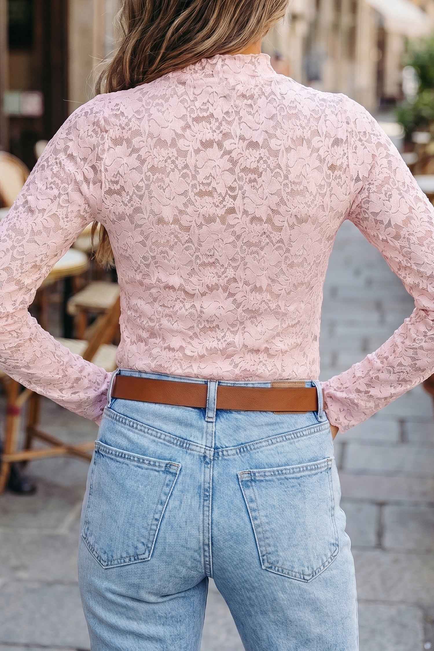 Light Pink Long Sleeve Lace Stand Neck Sheath Top