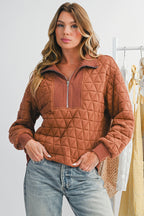 Straw Yellow Textured Zipper Neck Long Sleeve Pullover Sweatshirt