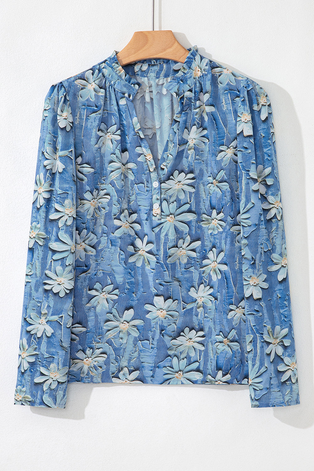 Sky Blue Checkered Floral Patchwork V Neck Blouse