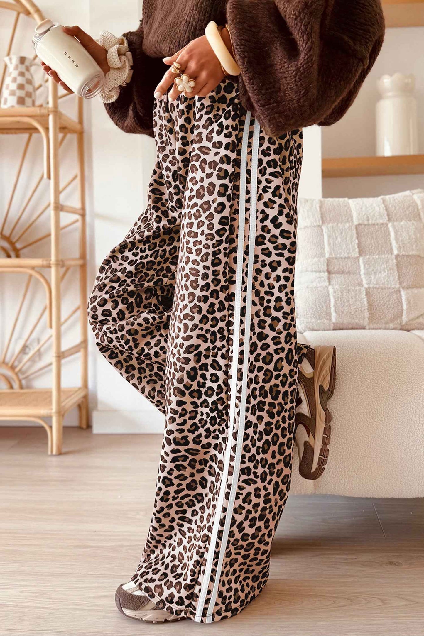 Beige Leopard Print Side Striped Detail Casual Wide Leg Pants