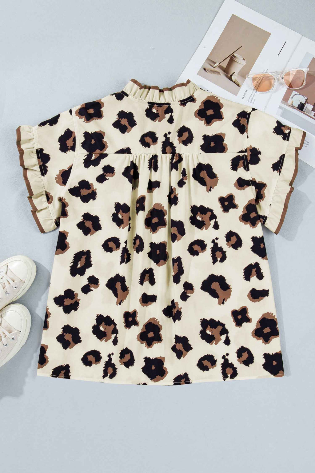Khaki Plus Size Leopard Print Frilled Color Block Trim Button Down Short Sleeve Blouse