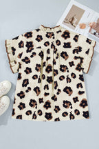 Khaki Plus Size Leopard Print Frilled Color Block Trim Button Down Short Sleeve Blouse