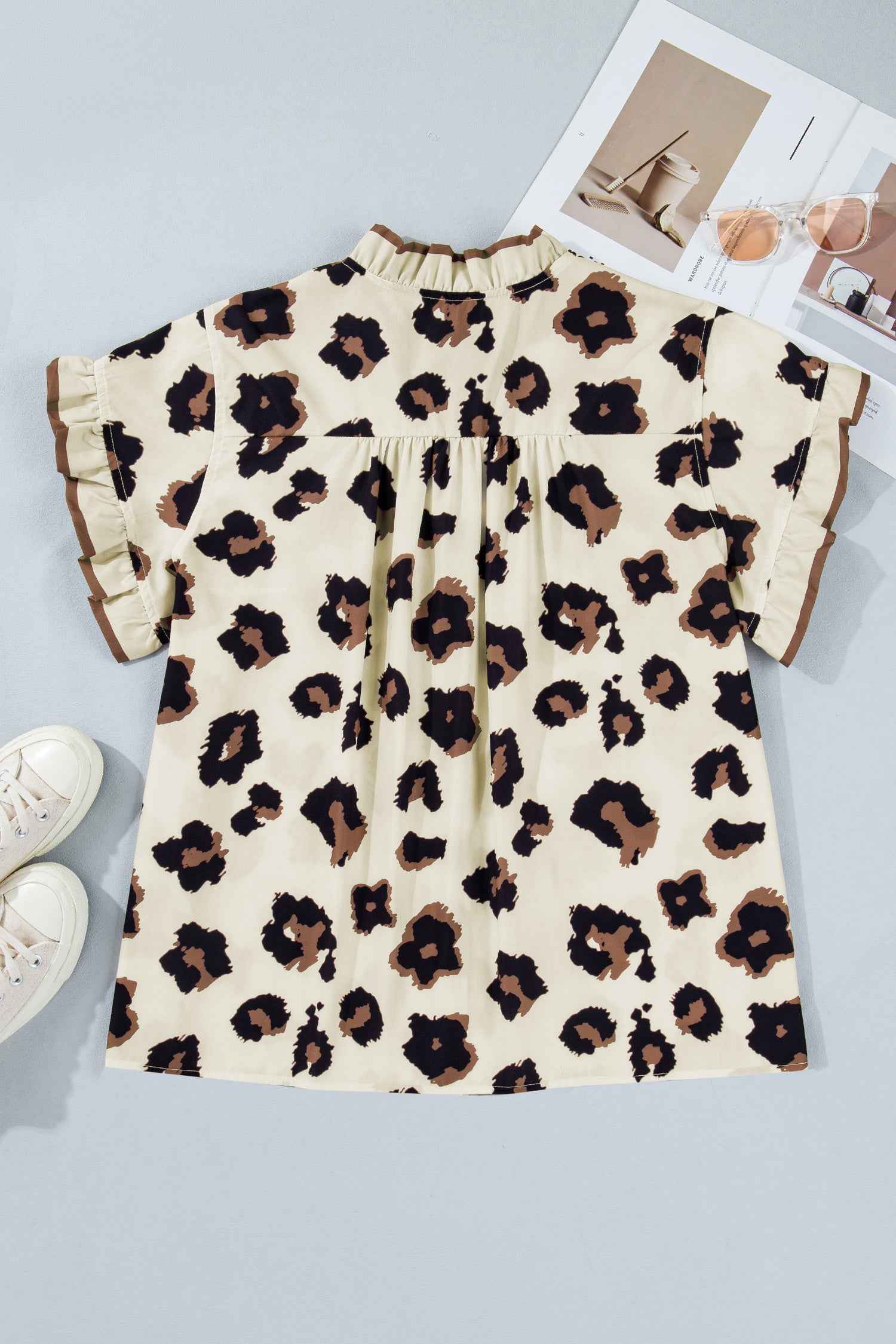 Khaki Plus Size Leopard Print Frilled Color Block Trim Button Down Short Sleeve Blouse