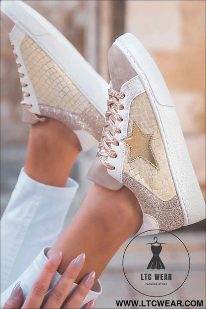Dearlove Gold Glitter Star Patchwork PU Leather Lace-up Sneakers